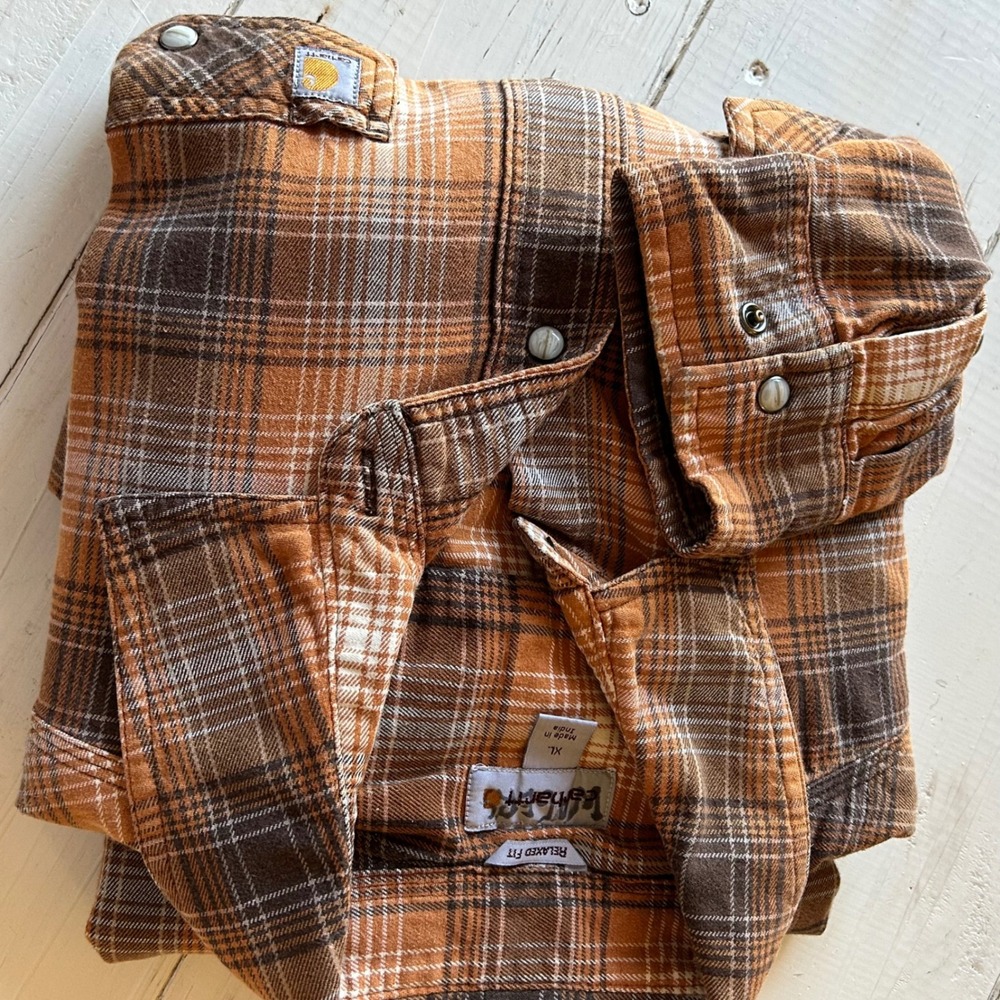 Carhartt Mens Shirt Orange Brown Plaid Relaxed Fit Long Sleeve‎ Workwear XL